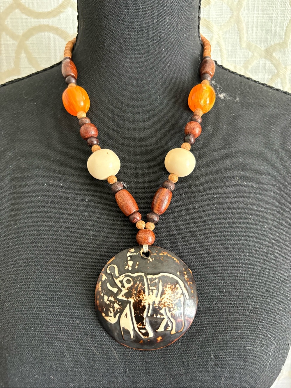 Boho Elephant Pendant Necklace - Orange & Brown